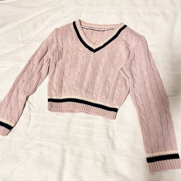 Cropped Cable Knit V-Neck Sweater Pink Navy - XS - Picture 9 of 12
